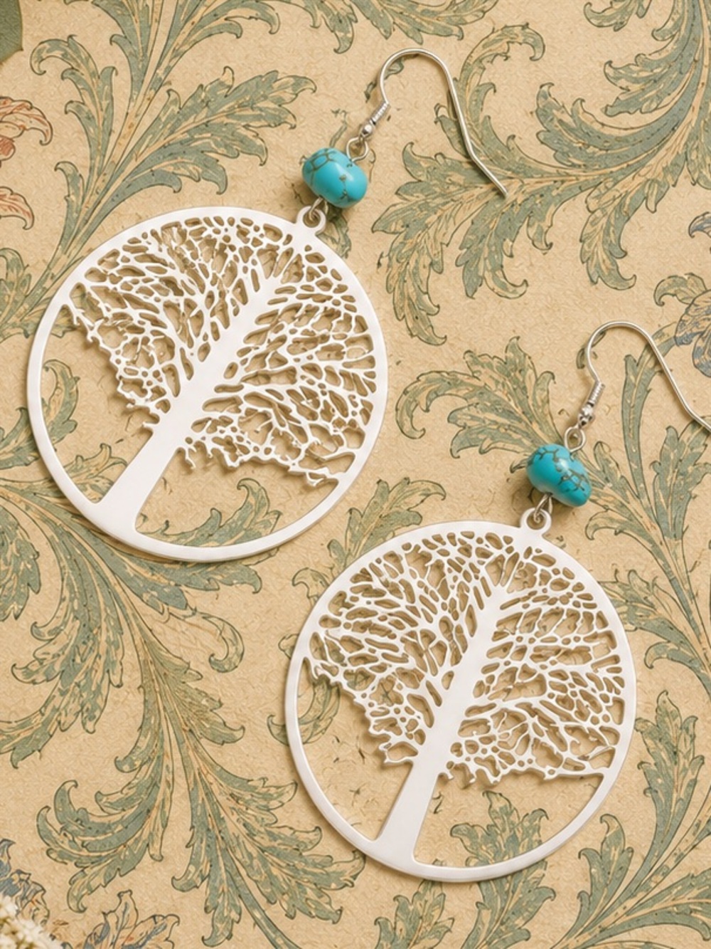 Silver-Toned Tree of Life Dangle Earrings with Turquoise Accent Bead